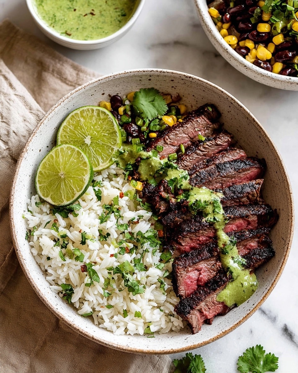 A white speckled bowl holds a dish with two main layers: on the left side, there is a fluffy heap of white rice sprinkled with small bits of green herbs and corn pieces. On the right side, slices of grilled steak with a pink center and dark charred edges lie on top, drizzled with a green sauce and topped with fresh chopped cilantro. Two lime halves rest on the steak, adding bright green color and texture. The bowl sits on a white marbled surface with a beige cloth underneath. Nearby, a small white bowl with green sauce and part of another bowl filled with dark beans and corn are visible. Photo taken with an iphone --ar 4:5 --v 7