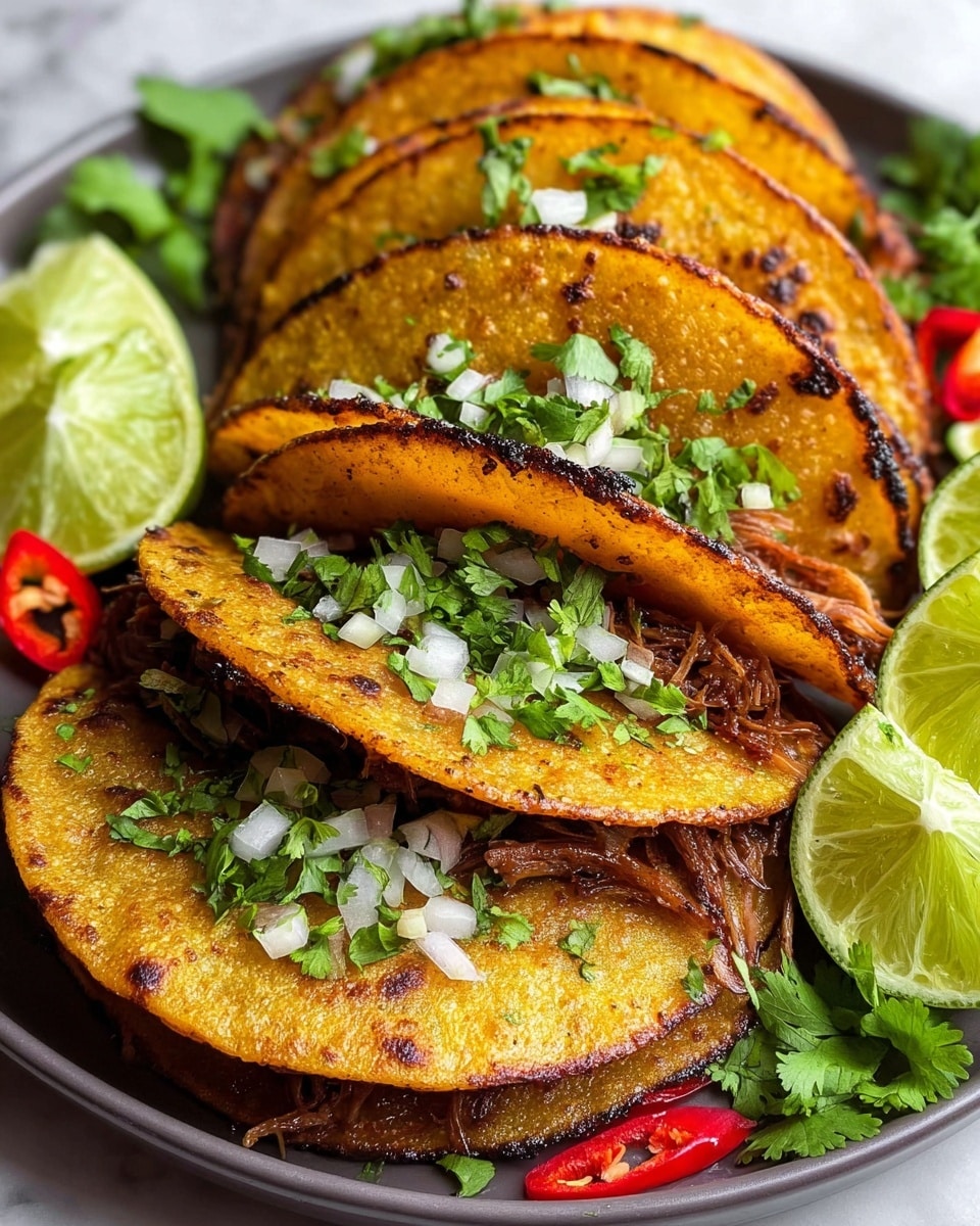 The image shows three folded tacos arranged close together on a white plate with a dark outer edge, placed on a white marbled surface. Each taco has a golden, slightly charred corn tortilla folded over dark, shredded meat. On top of the meat inside the tortillas, there are bright red diced tomatoes mixed with red onions and sprinkled with chopped green cilantro. Next to the tacos, there are two halved green limes and a small white bowl filled with white sour cream, also topped with chopped cilantro. The colors are rich and vibrant, with a warm, appetizing look. Photo taken with an iphone --ar 4:5 --v 7