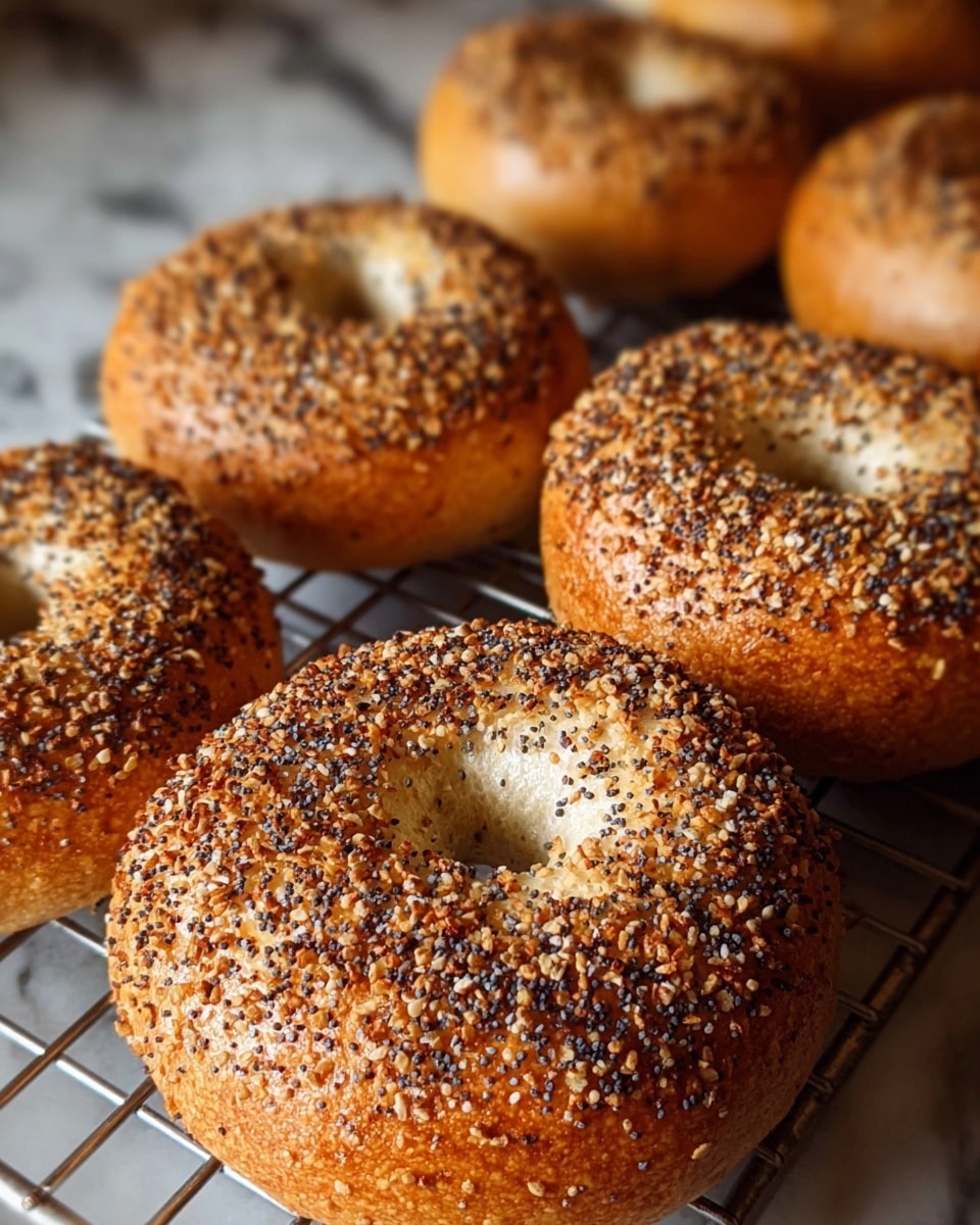 The image shows a close-up of six golden-brown bagels cooling on a metal rack. Each bagel has a shiny crust covered with a thick layer of mixed seeds, including sesame and poppy seeds, creating a textured, crunchy top. The bagels have a smooth, round shape with a perfectly round hole in the center and a soft, fluffy interior visible in the front bagel. The background features a white marbled surface slightly blurred to focus on the bagels. Photo taken with an iphone --ar 4:5 --v 7