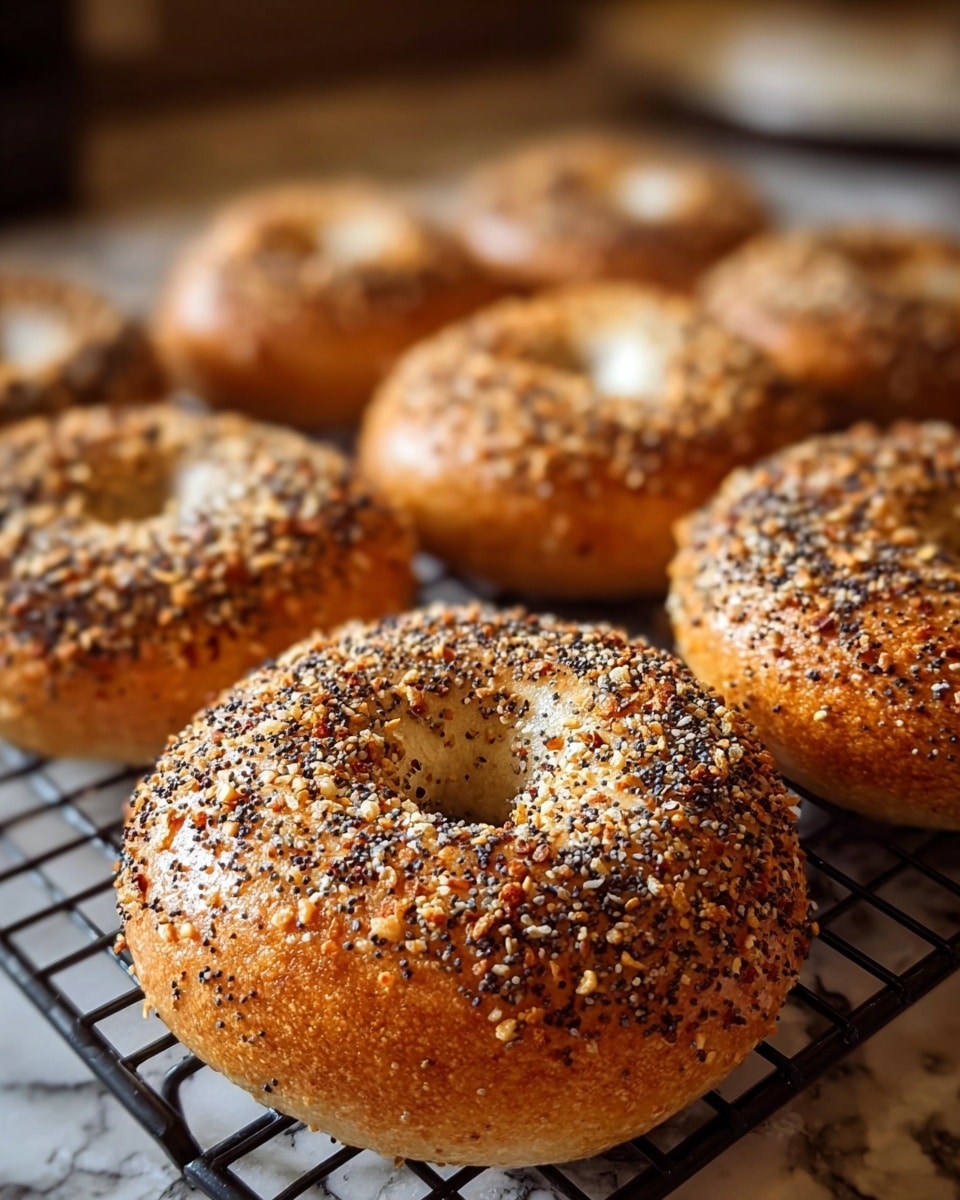 A close-up view of several freshly baked bagels resting on a black wire cooling rack placed over a white marbled surface. Each bagel has a golden brown crust with a rough texture due to a generous topping of mixed seeds and spices, including poppy seeds, sesame seeds, and dried garlic flakes. The bagels are round with a prominent hole in the middle, and the surface highlights the crunchy, toasted seed layer that covers the entire top. The background is softly blurred with warm lighting giving a fresh and inviting feel. Photo taken with an iphone --ar 4:5 --v 7