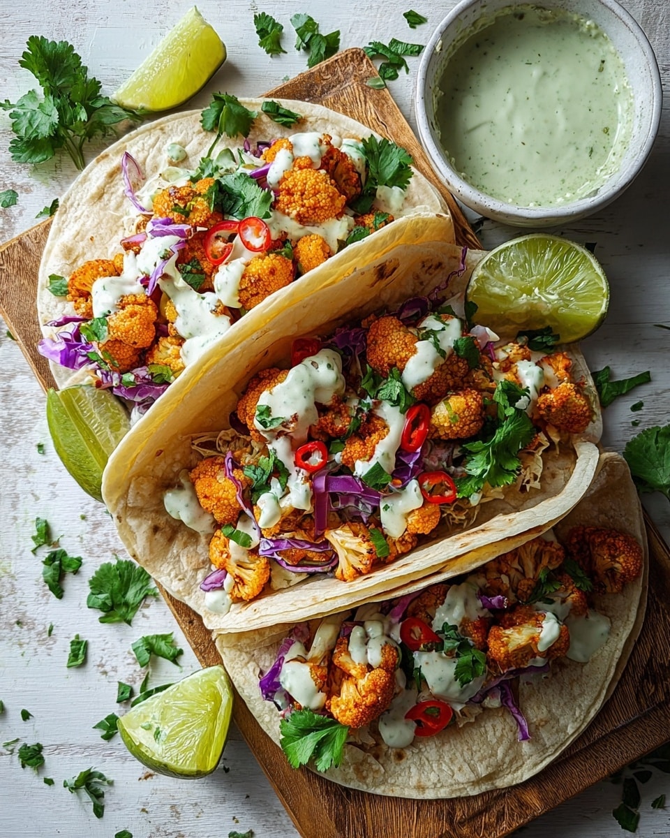 Three soft white tortillas lie open on a wooden board set against a white marbled surface, each filled with three layers: the bottom layer has roasted orange cauliflower florets, coated in light seasoning; the middle layer contains shredded purple cabbage and thin slices of red chili; the top layer is fresh green cilantro leaves drizzled with creamy white sauce, adding texture and brightness. Around the board, there are several green lime wedges, some whole and some cut, with small bits of cilantro scattered nearby. To the upper left, a small white bowl holds a green creamy dipping sauce. The whole scene is bright with natural light, showing vibrant colors and textures. photo taken with an iphone --ar 4:5 --v 7