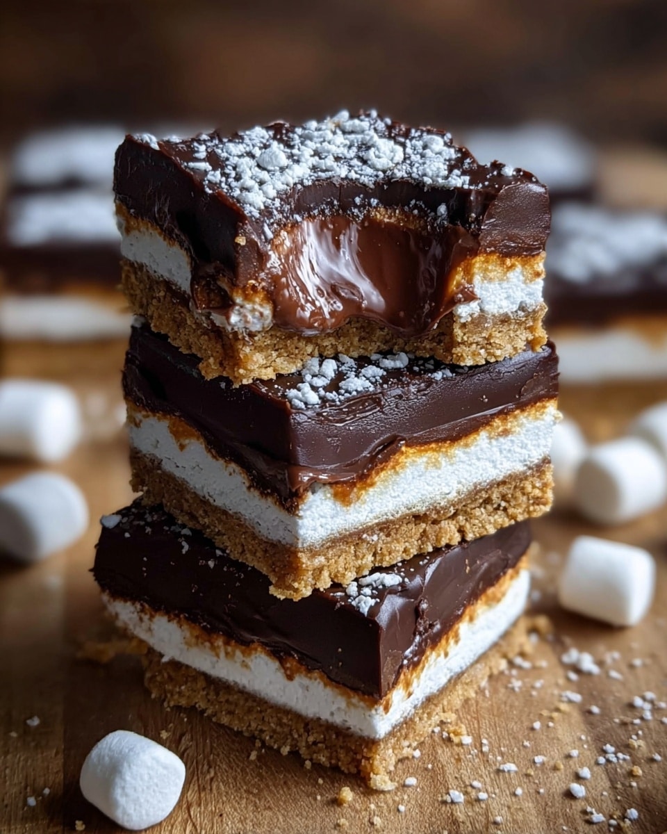 A close-up of three stacked s'mores bars on a wooden surface showing four layers each: the bottom layer is a light brown crumbly graham cracker base, followed by a thick white marshmallow layer with a slightly toasted edge, then a smooth dark chocolate layer, and finally topped with a glossy dark chocolate coating dusted with white powdered sugar. One top bar has a bite taken out, revealing a gooey melted chocolate and marshmallow center. There are scattered crumbs and small marshmallows around the stack on the wooden surface. photo taken with an iphone --ar 4:5 --v 7
