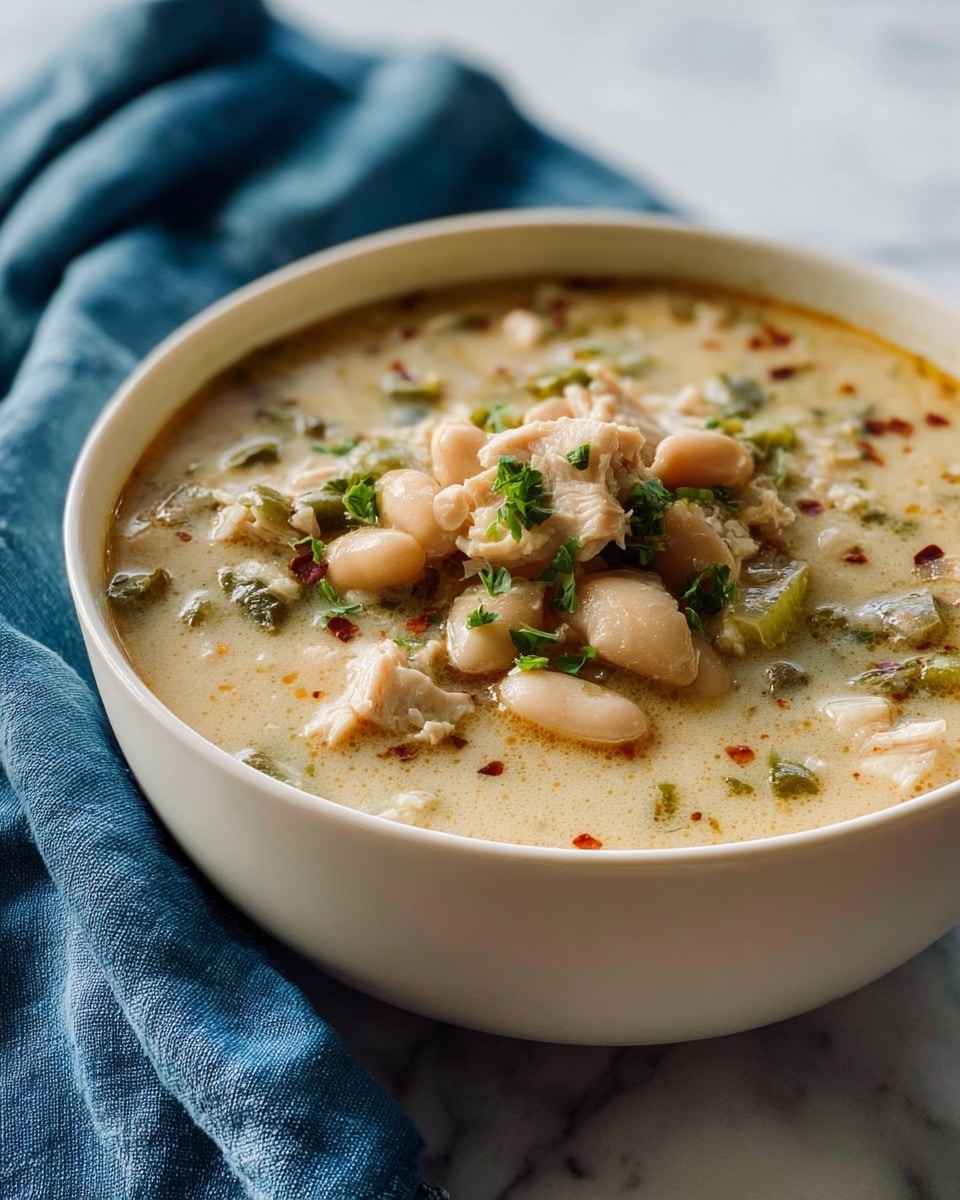 A white bowl filled with a creamy soup showing three main layers: the bottom layer is a smooth, light beige broth; the middle layer has chunks of pale cooked chicken and soft, light brown beans; the top layer is garnished with small green herb pieces scattered evenly, adding color contrast. The soup surface has some small red spice flakes and bits of chopped green vegetables mixed through. The bowl sits on a blue cloth over a white marbled surface, with soft natural light highlighting the textures. photo taken with an iphone --ar 4:5 --v 7