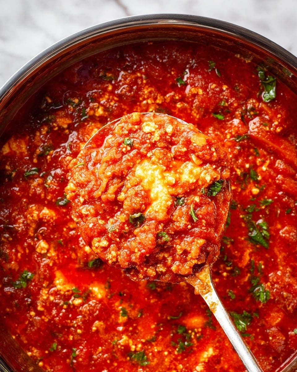 A close-up view of a rich tomato sauce layered with crumbled cheese and finely chopped green herbs, mostly parsley, floating on the surface. The sauce is thick and chunky, bright red with bits of melted cheese giving a creamy texture that contrasts with the smooth tomato base. The ladle holding a portion of the sauce shows a rounded, orange-red mound with more cheese and herb pieces in it, centered in the image. The entire scene is set against a white marbled texture visible around the edges of the metal pot. photo taken with an iphone --ar 4:5 --v 7