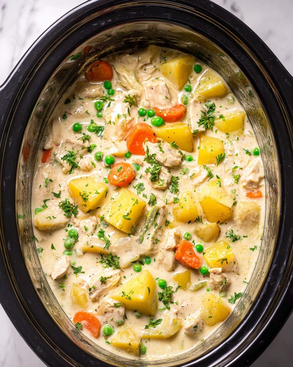 The image shows a black slow cooker filled with creamy chicken stew. The stew has several layers: chunks of white chicken pieces, soft yellow potato cubes, bright orange carrot slices, and green peas all mixed in a thick, light cream-colored sauce. There are small bits of green parsley sprinkled on top, adding a touch of fresh color. The slow cooker sits on a white marbled texture surface. photo taken with an iphone --ar 4:5 --v 7