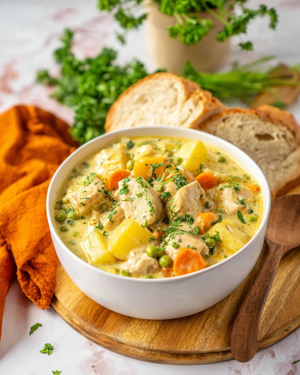 A white bowl filled with a creamy chicken stew sits on a wooden board over a white marbled surface. The stew shows three layers: chunks of tender light brown chicken, bright orange carrot slices, and yellow potato pieces, all mixed with green peas and covered in a thick pale yellow cream sauce, sprinkled with chopped green herbs. A slice of light brown crusty bread rests behind the bowl, partially on the board, next to a bunch of fresh green parsley. A wooden spoon lies next to the bowl on the board, and an orange cloth is casually placed under the bowl and wood board edges. A light-colored ceramic jar with a plant in it is partially visible in the background. Photo taken with an iphone --ar 4:5 --v 7