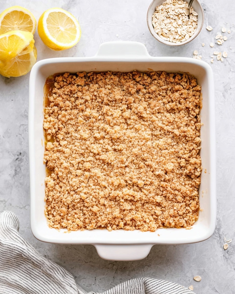 A square white baking dish filled with a golden brown, crumbly oat topping that looks crispy and slightly uneven in texture, covering a soft fruit filling beneath that peeks out slightly at the edges. The dish rests on a white marbled surface, next to two lemon halves showing their pale yellow flesh and a small white bowl filled with dry oats. A white and gray striped cloth is partly visible at the bottom right corner. The crisp topping has small clusters and a mix of fine crumbs, suggesting layers of buttery oat crumble on top and juicy fruit underneath. Photo taken with an iphone --ar 4:5 --v 7