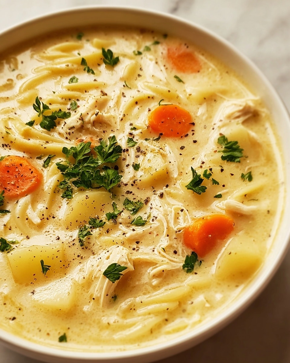 A close-up view of a creamy chicken noodle soup served in a white bowl filled almost to the top with a thick, pale yellow broth. The soup contains small pieces of shredded white chicken, thin pale noodles, bright orange carrot slices, and small chunks of light yellow potatoes. The surface is lightly sprinkled with black pepper and fresh green parsley leaves, adding contrast to the creamy texture. The bowl is placed on a white marbled surface, highlighting the warm and comforting colors of the soup. photo taken with an iphone --ar 4:5 --v 7