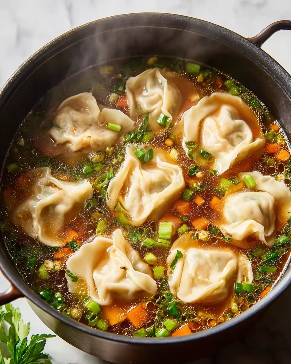 A white bowl filled with a dark brown broth with visible oil and small bubbles on the surface, containing eight folded dumplings with a light beige, smooth dough that looks soft and slightly shiny. The broth is garnished with chopped green onions, tiny slices of green chili, white sesame seeds, and small red chili flakes scattered evenly over the dumplings and broth. The bowl sits on a white marbled surface with a gray cloth partially visible underneath. Photo taken with an iphone --ar 4:5 --v 7