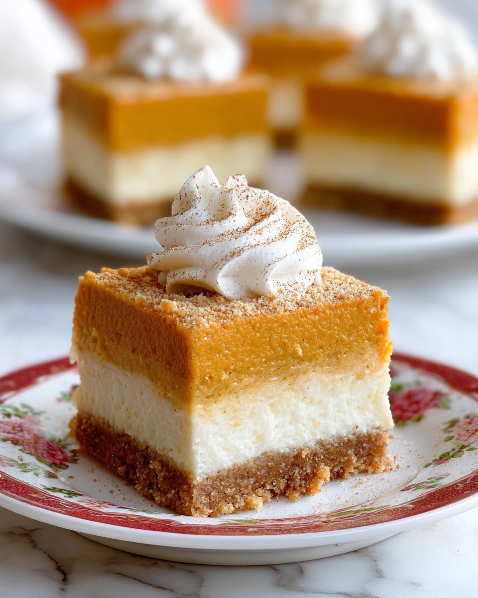 The image shows a square dessert with three clear layers sitting on a white plate with a red rim and floral pattern; the bottom layer is a thick, crumbly brown crust, the middle layer is a creamy white cheesecake-like filling, and the top layer is an orange, soft pumpkin-like mousse dusted with specks of cinnamon or nutmeg; on top of the dessert is a small swirl of white whipped cream sprinkled lightly with spice, while more pieces of the same dessert appear blurred in the background on a white plate, all placed on a white marbled surface; photo taken with an iphone --ar 4:5 --v 7