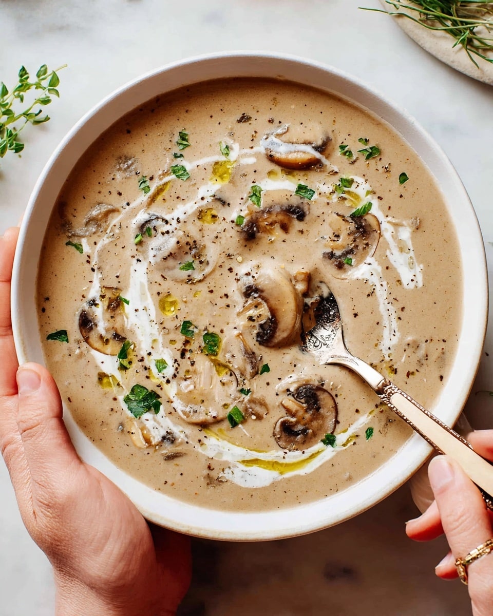 Two white bowls of creamy mushroom soup sit on a white marbled surface. The soup is light beige with visible slices of mushrooms in a thick texture. The soup is topped with chopped green herbs, a drizzle of golden oil, and a sprinkle of black pepper. One bowl is being held by a woman's hand, and her other hand is holding a spoon with a wooden handle, dipping it into the soup. Near the bowls is a small bottle of oil and a striped cloth with shades of orange, cream, and blue. photo taken with an iphone --ar 4:5 --v 7