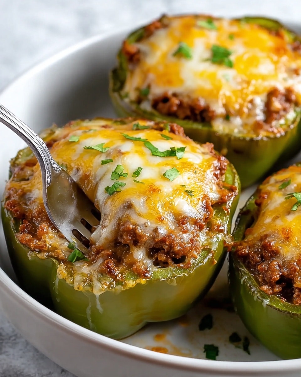 Three stuffed green bell pepper halves sit in a white bowl on a white marbled texture. Each pepper is filled with a rich layer of cooked ground beef, topped with a thick layer of melted golden-yellow and white cheese that is slightly browned in spots. Small bits of chopped green herbs are sprinkled over the cheese for garnish. A fork is inserted into the closest pepper, breaking through the cheesy top and ground beef layer. The image shows the glossy texture of the peppers, the juicy filling, and the stretch of melted cheese, all bright and detailed. photo taken with an iphone --ar 4:5 --v 7