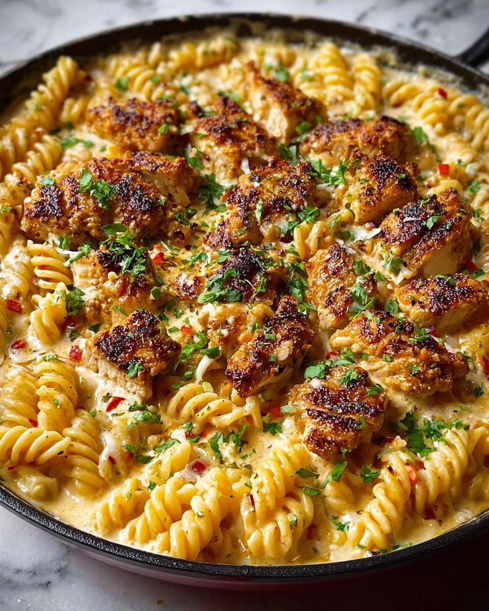 The dish shows one main layer of creamy pasta spirals in a pale yellow color, mixed evenly with pieces of cooked chicken that have a golden brown, slightly crispy texture with black pepper seasoning on top. Small bits of green herbs are sprinkled across the dish, adding a touch of fresh color. The creamy sauce lightly covers the pasta and chicken, giving it a glossy appearance. Everything is presented inside a shallow white bowl, set against a white marbled surface. photo taken with an iphone --ar 4:5 --v 7