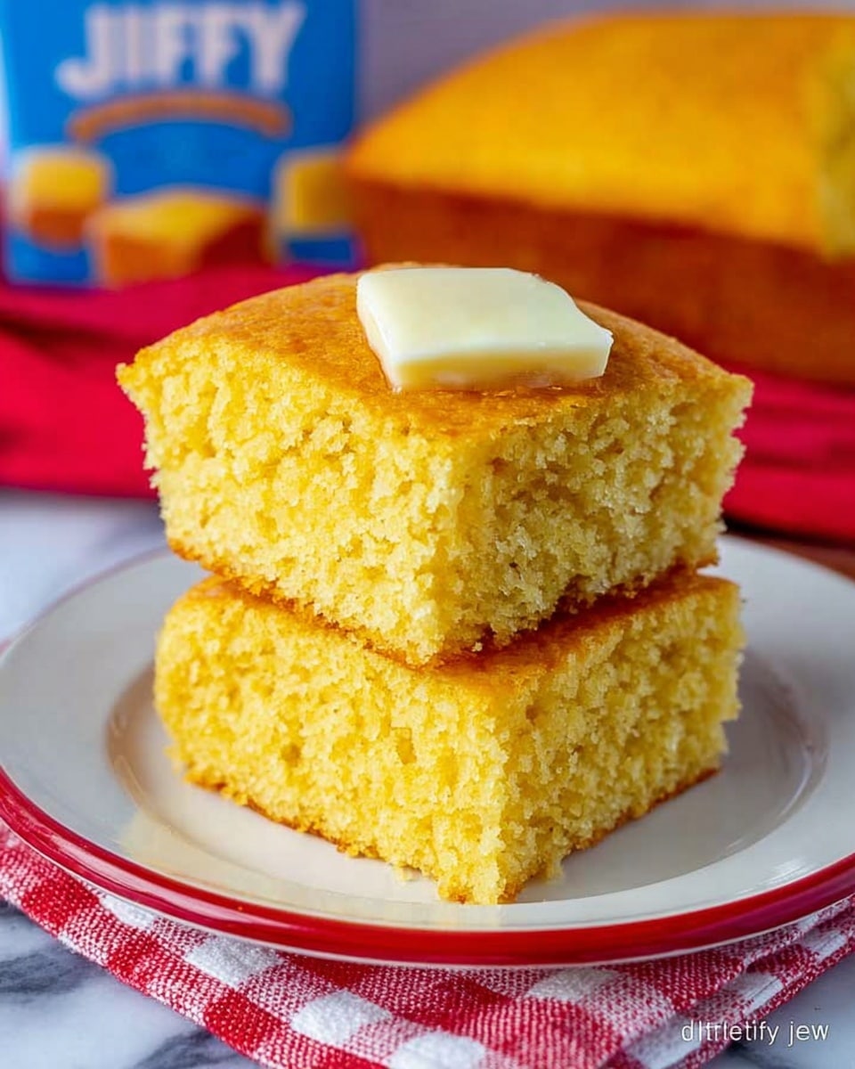 Two square pieces of golden yellow cornbread are stacked on a white plate with a red rim, placed on a red and white checkered cloth over a white marbled surface. The top piece has a small square of butter melting on it, creating a smooth, creamy contrast to the crumbly texture of the cornbread. In the background, there is a blue and white package of cornbread mix and a blurry, warm-toned baked loaf with a red cloth nearby. The image shows soft lighting that highlights the moist texture of the cornbread. Photo taken with an iphone --ar 4:5 --v 7