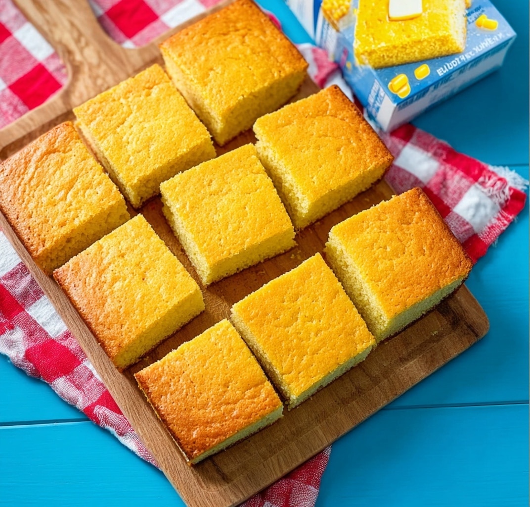 The image shows a wooden cutting board with nine square pieces of golden yellow cornbread, arranged in a 3x3 grid. The cornbread has a slightly crumbly texture with a light browned top crust. The cutting board is placed on a red and white checkered cloth, all set on a bright blue surface. Next to the cutting board, there is a box of Jiffy corn muffin mix with a white background and colorful text, showing a picture of cornbread with a square of butter. The whole scene is bright and clean. photo taken with an iphone --ar 4:5 --v 7