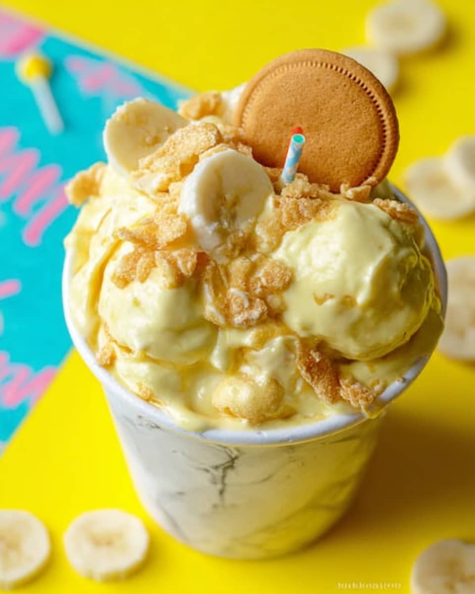 The image shows a white cup filled with three large scoops of creamy pale yellow banana pudding. Mixed inside the pudding and sprinkled on top are broken golden vanilla wafer cookies that add a crunchy texture. On the very top sits one whole round vanilla wafer and a few thin slices of fresh banana that are pale cream with a soft smooth texture. The cup is placed on a bright yellow white marbled surface, giving a cheerful, fresh look. A woman's hand is holding a small colorful pick stuck into the pudding, adding a fun touch. Photo taken with an iphone --ar 4:5 --v 7