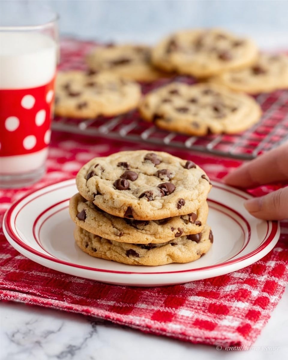 Three chocolate chip cookies with a golden-brown color and scattered dark chocolate chips are stacked on top of each other on a white plate with two thin red rings near the edge. Behind the plate, more cookies rest on a metal cooling rack placed over a white marbled texture covered with a red and white checkered cloth. To the left of the plate, there is a clear glass filled with milk that has a red sleeve with white polka dots. A woman's hand is gently reaching for the plate. Photo taken with an iphone --ar 4:5 --v 7