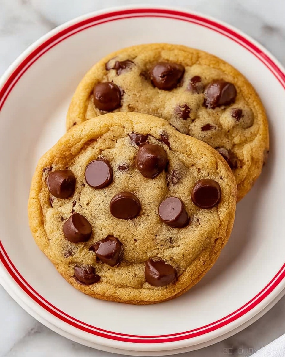Two round chocolate chip cookies with a golden brown color and soft texture are stacked slightly on top of each other on a white plate with a red stripe around the edge. The cookies are filled with many dark brown, shiny chocolate chips spread unevenly on the surface and inside. The plate sits on a white marbled texture surface. photo taken with an iphone --ar 4:5 --v 7
