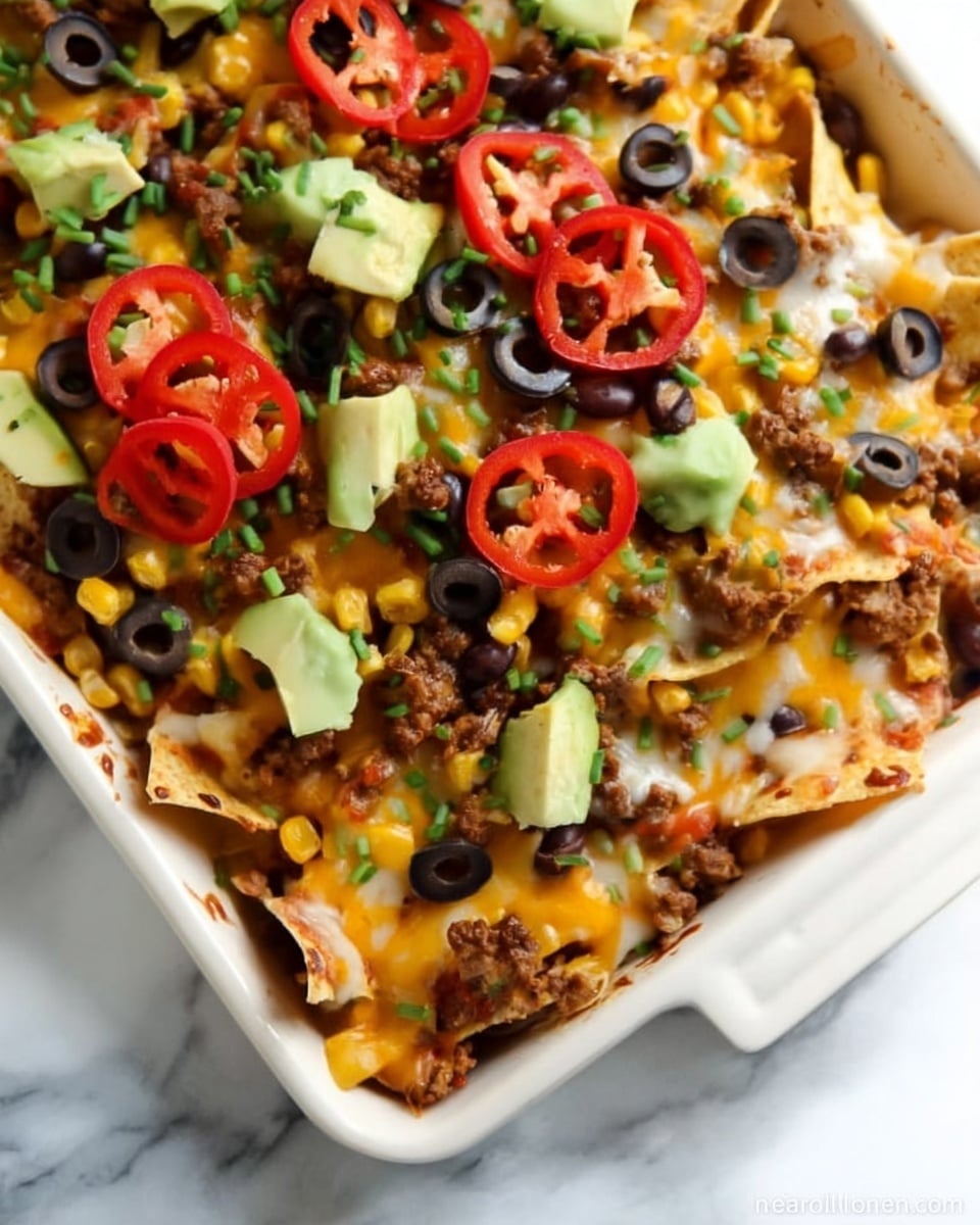 The dish shows a white baking tray filled with several layers of crispy, golden tortilla chips topped with melted orange and white cheese spread unevenly across the surface. Scattered over the cheese are layers of browned ground meat, black beans, bright yellow corn kernels, small light green avocado cubes, and sliced black olives. On top, there are several rolled slices of red pickled jalapeños and a sprinkling of green chives. The tray is placed on a white marbled surface. Photo taken with an iphone --ar 4:5 --v 7