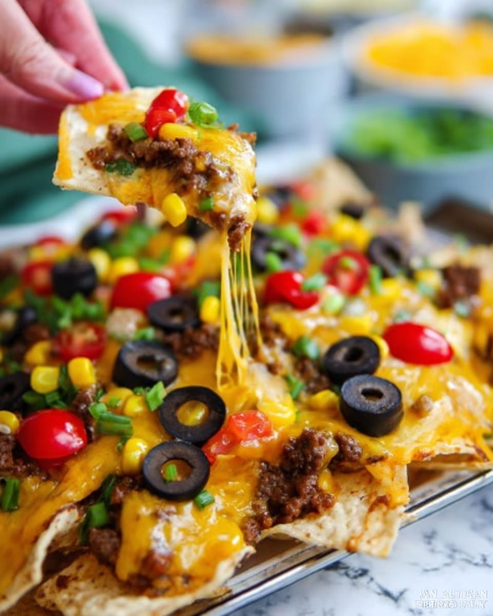 The image shows a close-up of a white plate filled with loaded nachos. The bottom layer is made of light beige tortilla chips, unevenly spread. On top, there is a thick layer of melted yellow cheddar cheese mixed with darker ground beef pieces. Scattered across the dish are black olive slices, small halved red cherry tomatoes, bright yellow corn kernels, and small green chopped scallions and chives adding color and texture. A woman's hand is holding a single chip with melted cheese stretching from the plate. The background has a white marbled texture with some blurred bowls and plates. Photo taken with an iphone --ar 4:5 --v 7