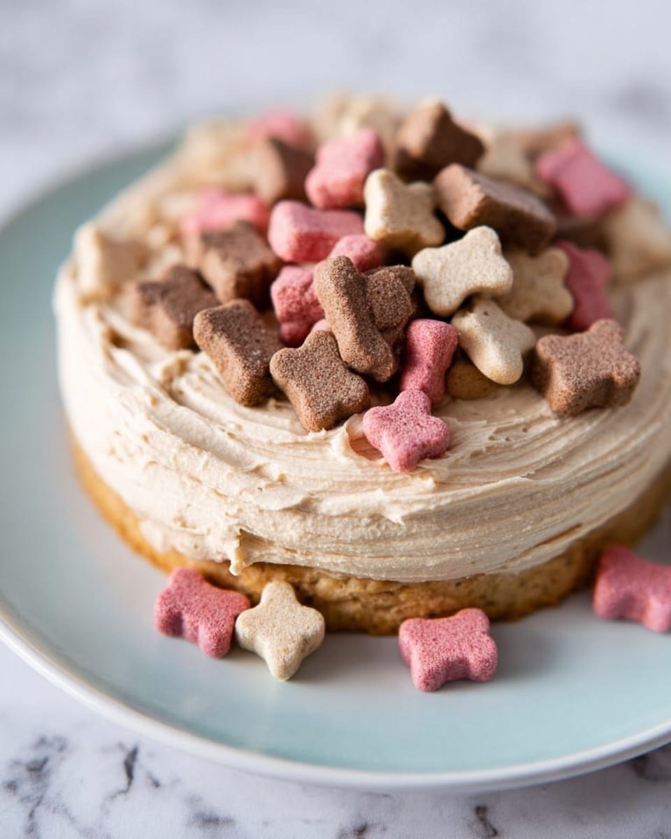 The image shows a small round cake on a white plate, placed on a white marbled surface. The cake has two main layers: the base layer is a light tan color, covered with a thick spread of creamy beige frosting that looks soft and slightly textured. On top of the frosting, there is a pile of small bone-shaped dog treats in three colors—pink, brown, and cream—concentrated in the center with some scattered around the base of the cake. The frosting is applied unevenly with visible swirls and peaks. Photo taken with an iphone --ar 4:5 --v 7