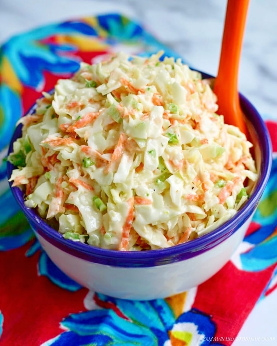 A close-up view of a white bowl filled with a creamy coleslaw made of finely shredded white cabbage, light orange carrot pieces, and small bits of green celery mixed in. The coleslaw has a moist, slightly chunky texture with visible dressing coating the ingredients. An orange spoon sticks out from the middle of the bowl. The bowl is placed on a colorful cloth with bright red, blue, white, and yellow patterns, set against a white marbled surface. Photo taken with an iphone --ar 4:5 --v 7