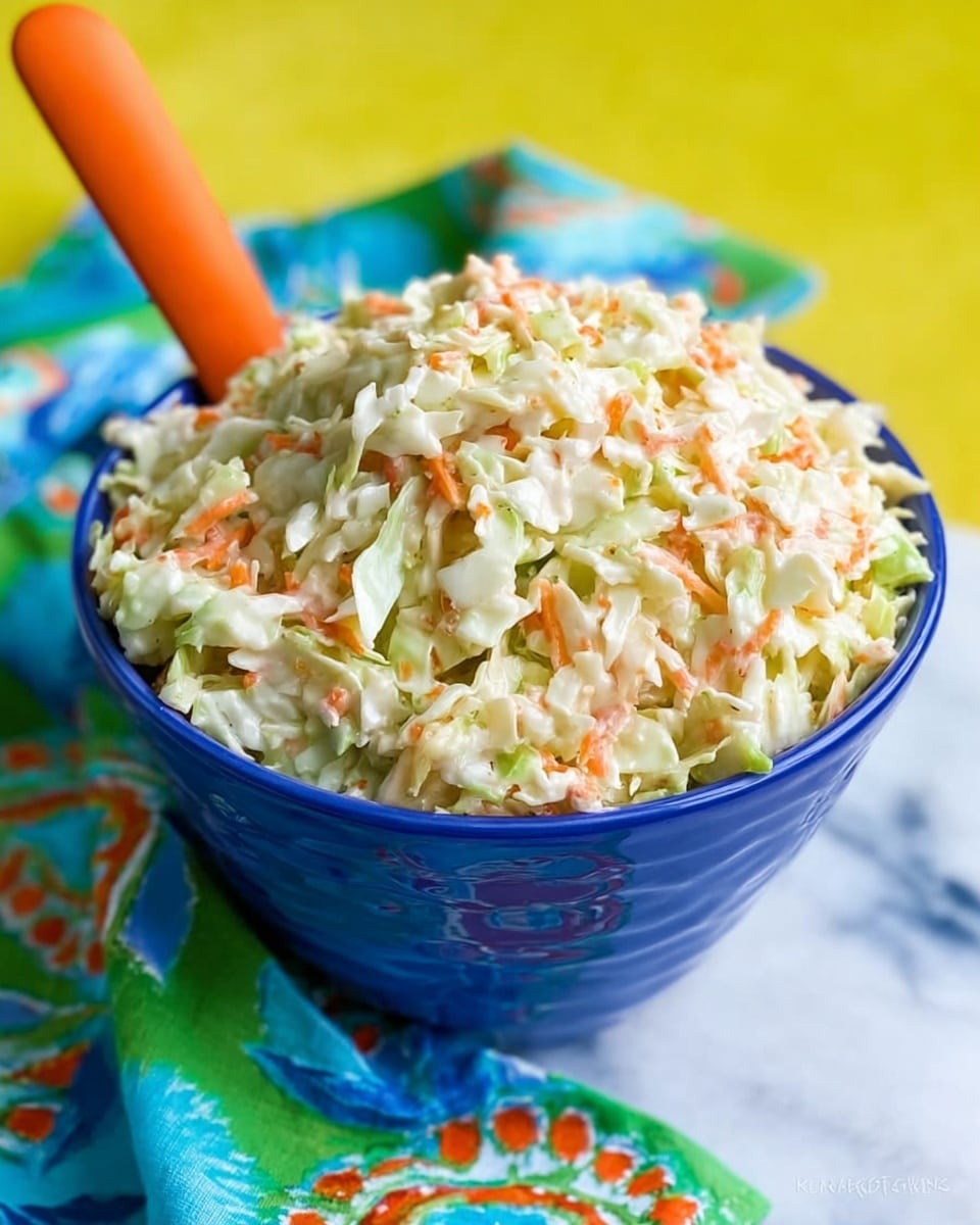 A blue bowl filled to the top with a creamy coleslaw made of finely chopped pale green cabbage and small pieces of orange carrot mixed throughout, giving it a slightly textured, moist look. The bowl sits on a white marbled surface, placed on a colorful cloth with green, blue, and orange patterns, adding a lively touch. An orange serving spoon sticks out from the side of the bowl, contrasting with the coleslaw's light colors. The background is a bright yellow color, creating a cheerful atmosphere. Photo taken with an iphone --ar 4:5 --v 7
