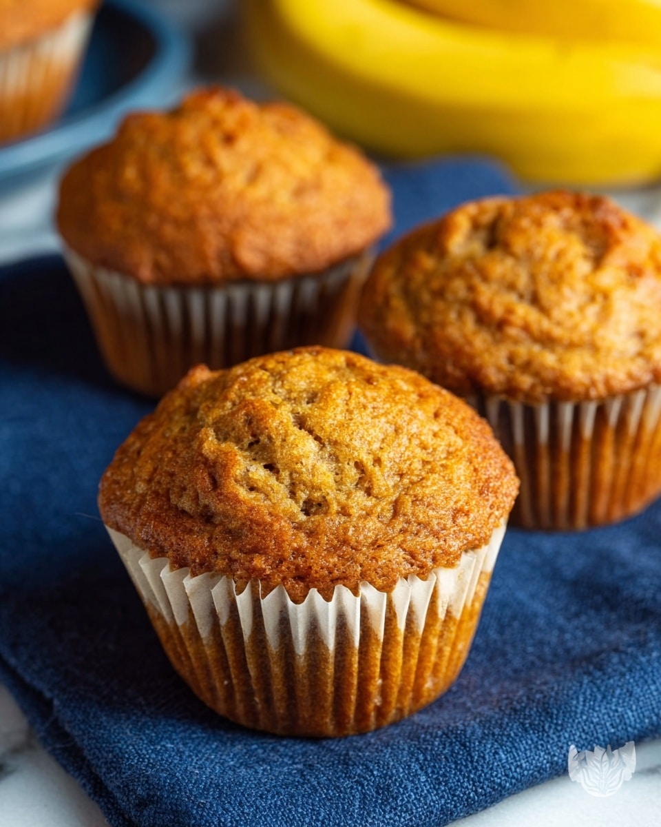 The image shows three golden brown muffins with slightly cracked tops, placed on a dark blue cloth. One muffin in the front has its white paper liner partially peeled off, revealing its textured, crumbly sides. The background includes blurred muffins and a banana, all set on a white marbled surface. The lighting highlights the warm, soft texture of the muffins, making them look fresh and tasty. Photo taken with an iphone --ar 4:5 --v 7