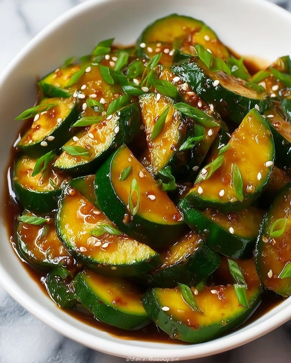 The dish shows a close-up of sliced zucchini pieces coated in a glossy brown sauce, each slice showing the dark green skin and soft yellow inside. The zucchini is cut into thick half-moon shapes, piled in a white bowl. Sprinkled over the top are small white sesame seeds and chopped bright green scallions, adding a fresh contrast to the shiny sauce. The bowl sits on a white marbled surface, with the zucchini pieces slightly overlapping each other, revealing a textured, juicy look. photo taken with an iphone --ar 4:5 --v 7