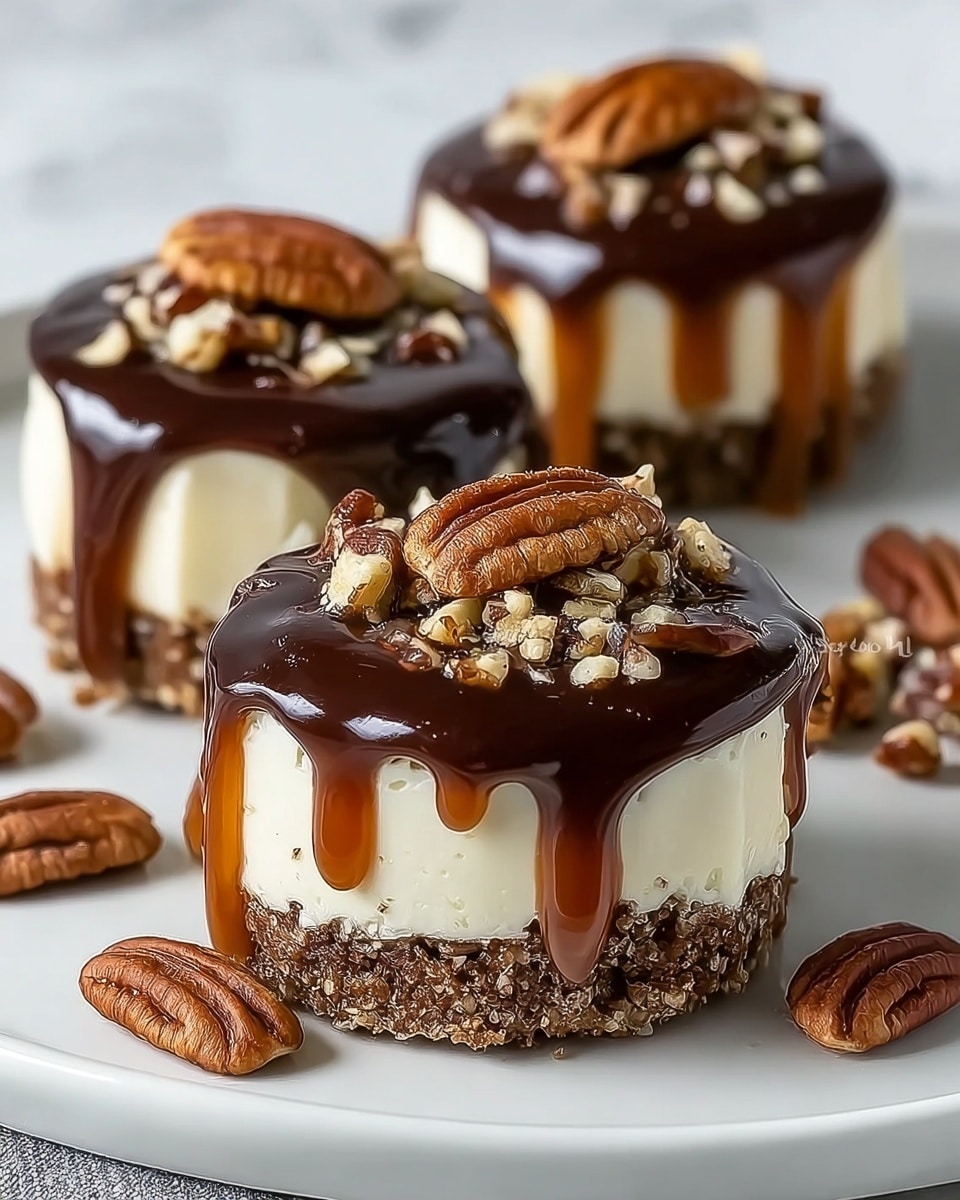 A small round cheesecake sits on a white plate with three visible layers. The bottom layer is a crumbly brown crust, the middle layer is a smooth, creamy white cheesecake, and the top layer is a shiny dark caramel sauce dripping over the edges. On top of the caramel sauce are whole and chopped pecans scattered richly. The white plate is on a white marbled surface, with other similar cheesecakes blurred in the background. photo taken with an iphone --ar 4:5 --v 7