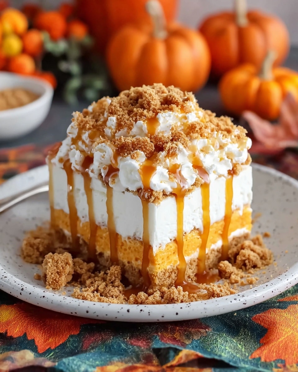 A slice of layered dessert sits on a white plate with small speckles; the bottom layer is smooth white cream, the middle layer is a soft pumpkin orange cake, and the top layer is fluffy white whipped cream. The whipped cream is topped with crumbled brown cookie bits and a glossy, golden caramel sauce drips down the sides. More cookie crumbs are scattered around the plate, and the plate is placed on a colorful cloth with autumn leaves; in the blurred background, small orange pumpkins add a cozy fall feeling. Photo taken with an iphone --ar 4:5 --v 7