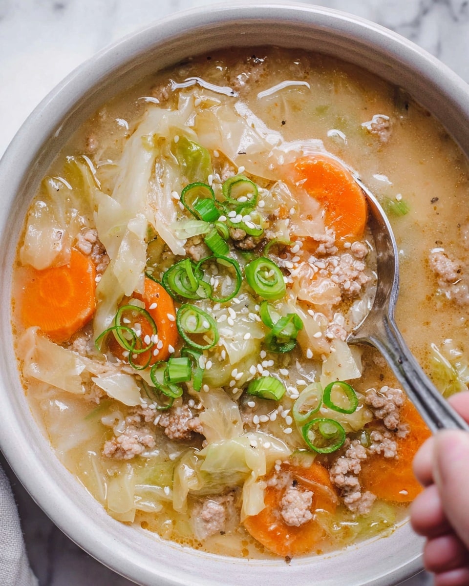A close-up view of a white bowl filled with soup showing a light tan broth, mixed with soft textured light brown ground meat, bright orange carrot slices, and pale, translucent cabbage pieces. The soup is topped with fresh green onion rings scattered across the surface with some white sesame seeds sprinkled on. A metal spoon is partly immersed in the soup on the right edge of the bowl, held by a woman's hand. The bowl rests on a white marbled textured surface. photo taken with an iphone --ar 4:5 --v 7