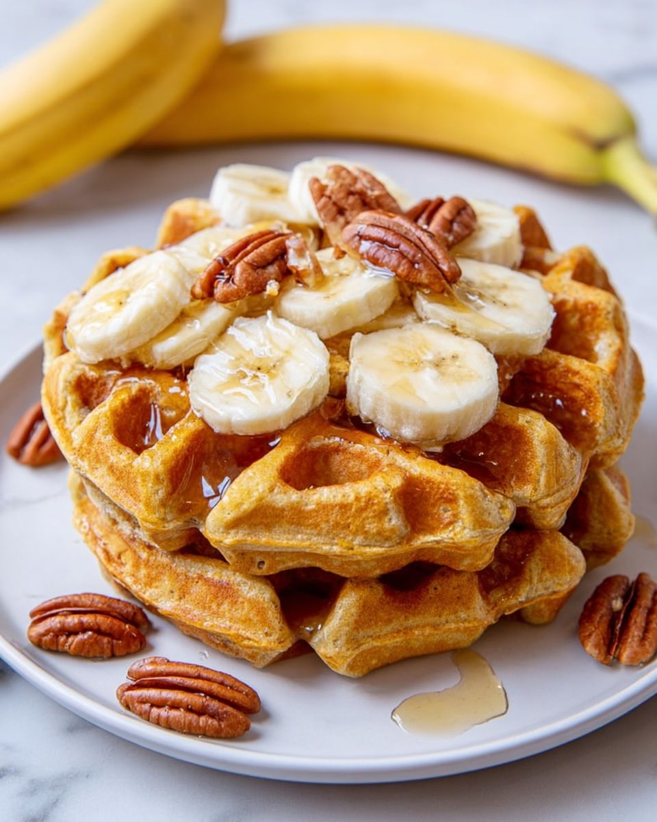 A stack of two golden brown waffles with a slightly crispy texture sits on a white plate on a white marbled surface. On top of the waffles is a layer of sliced bananas, light yellow with a smooth texture arranged neatly. There are a few pecan halves around the base of the waffles on the plate, rich brown with a rough texture. A drizzle of honey or syrup glistens over the waffles and bananas, adding a shiny layer that catches the light. A whole banana is placed in the background, adding a soft yellow color contrast. photo taken with an iphone --ar 4:5 --v 7
