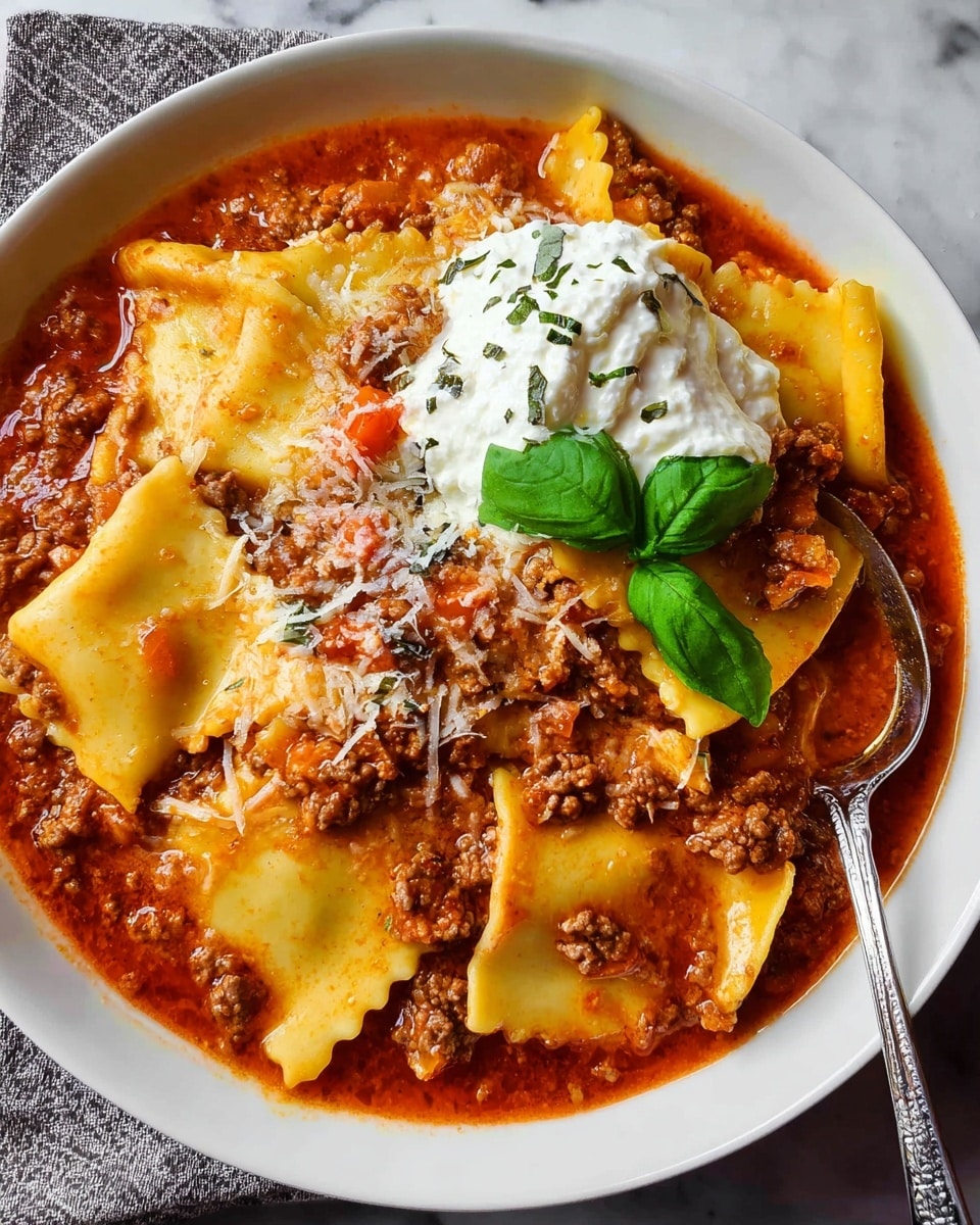 A white plate holds a rich tomato meat sauce as the bottom layer, filled with pieces of ground beef and orange carrot bits. Large, wide yellow lasagna noodle sheets sit mostly flat on the sauce, with some noodles slightly folded or layered over each other. On one side, there is a dollop of white creamy ricotta cheese topped with shredded white cheese. Green basil leaves rest on top of the noodles near the cheese. A silver spoon is placed on the right edge of the plate, partially dipped in the sauce. The plate is set on a white marbled textured surface. photo taken with an iphone --ar 4:5 --v 7