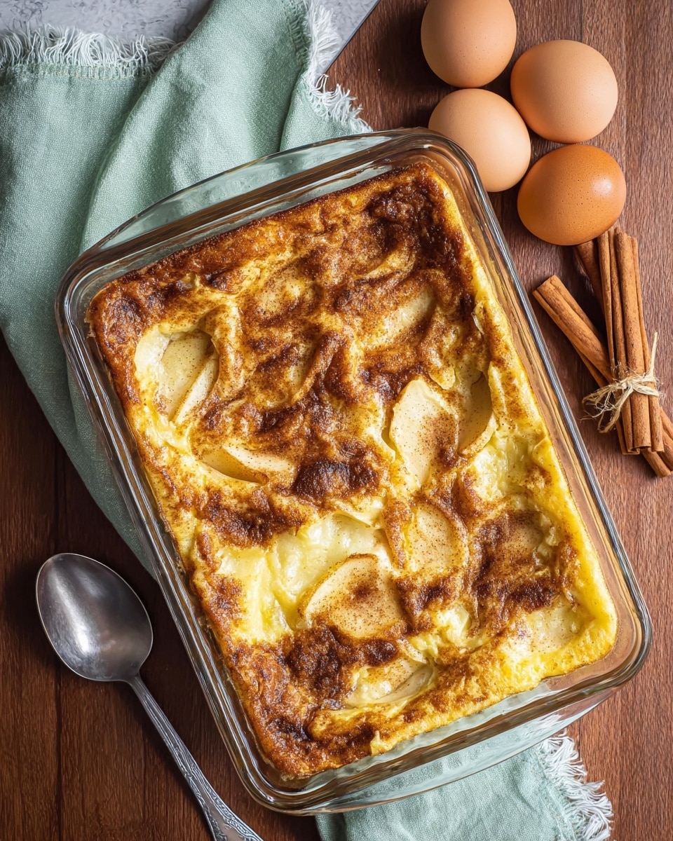 A slice of apple dessert sits on a stack of three white plates with ridged edges, placed on a blue cloth over a white marbled surface. The dessert has three visible layers: a base layer of soft browned apples, a middle creamy white layer, and a top layer of more cooked apples covered with a dollop of white whipped cream sprinkled with brown cinnamon powder. A silver fork rests on the bottom right edge of the plates. In the background, a white baking dish with more apple dessert, blurred apples, and stacked white plates with silver forks can be seen. The light is soft, highlighting the textures and warm colors of the dish. Photo taken with an iphone --ar 4:5 --v 7