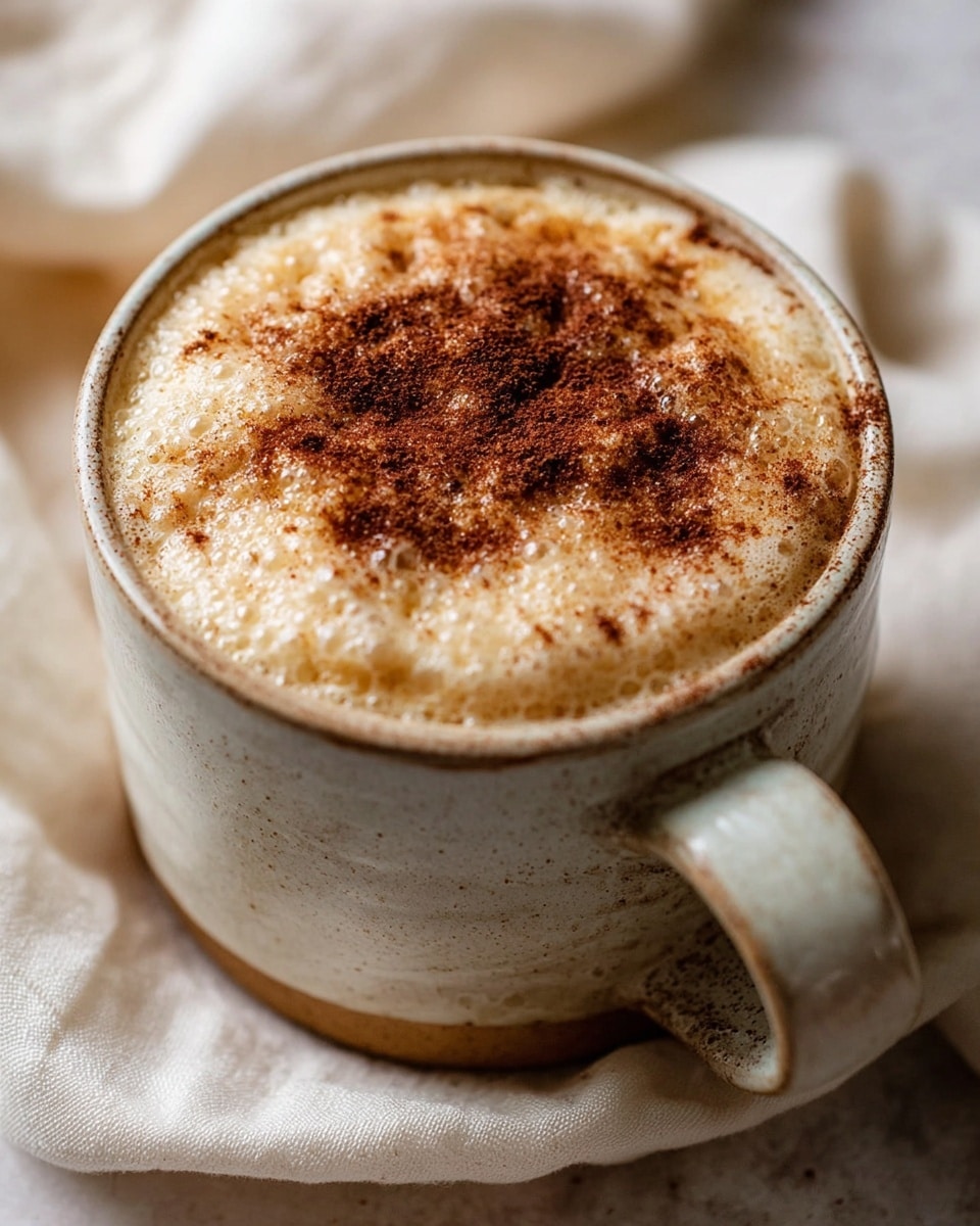 The image shows a close-up of a creamy, light beige drink in a rustic white ceramic mug with a handle. The drink is topped with a generous layer of frothy foam that appears textured and airy. On top of the foam, there is a dusting of dark brown cinnamon powder spread unevenly, adding a warm contrast to the light surface. The mug is placed on a soft, cream-colored fabric background with a white marbled surface partially underneath. The overall look is cozy and inviting, emphasizing the drink's creamy texture and warm spices. photo taken with an iphone --ar 4:5 --v 7