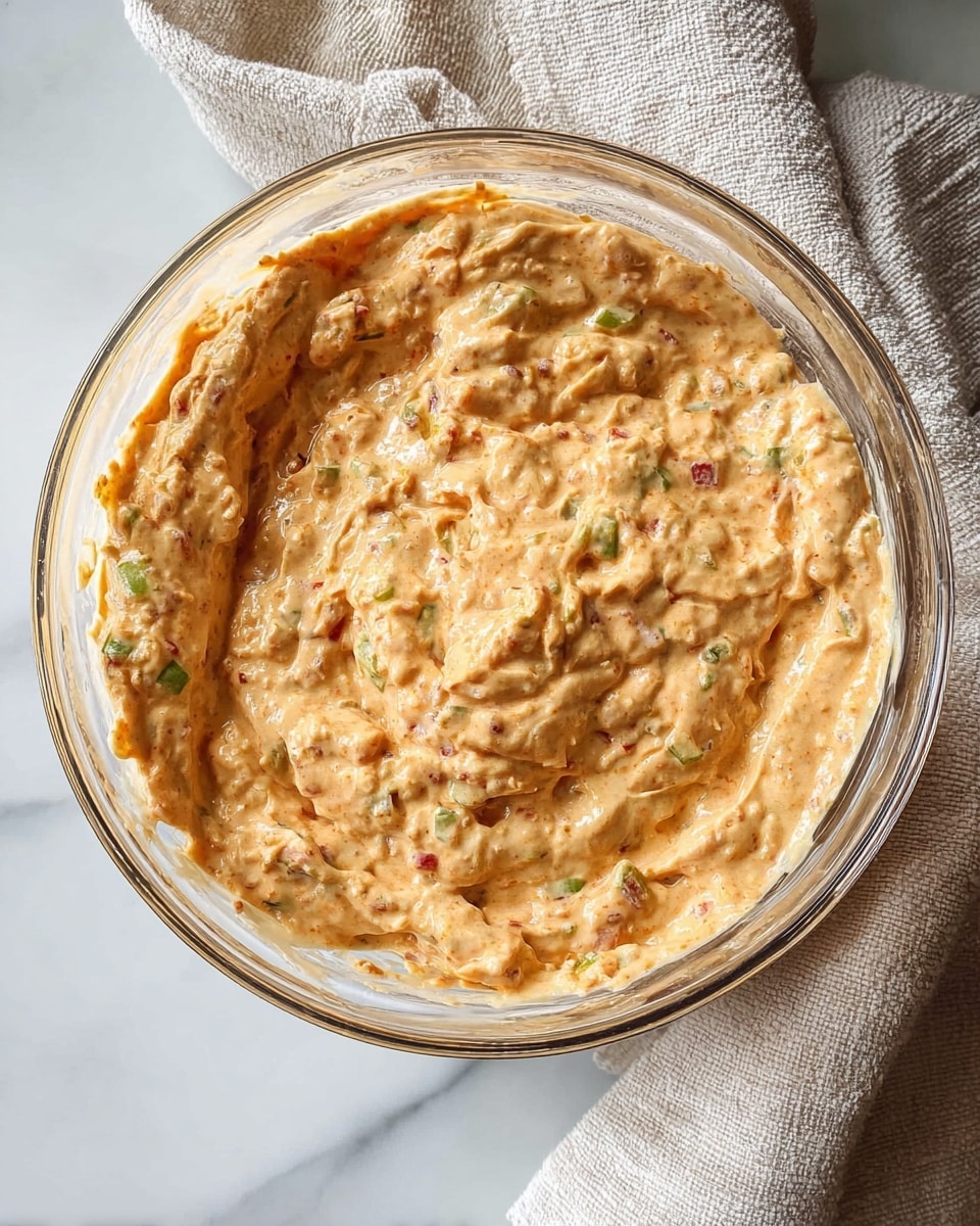 The image features a clear glass bowl filled with a creamy, orange-hued mixture that has a slightly chunky texture. The mixture contains visible bits of green and red ingredients, likely small pieces of vegetables, spread evenly throughout. The bowl is placed on a white marbled surface with a textured light beige cloth casually draped in the background. The mixture fills the bowl to the top, with some soft peaks and swirls showing the fluffy and thick consistency of the dish. photo taken with an iphone --ar 4:5 --v 7
