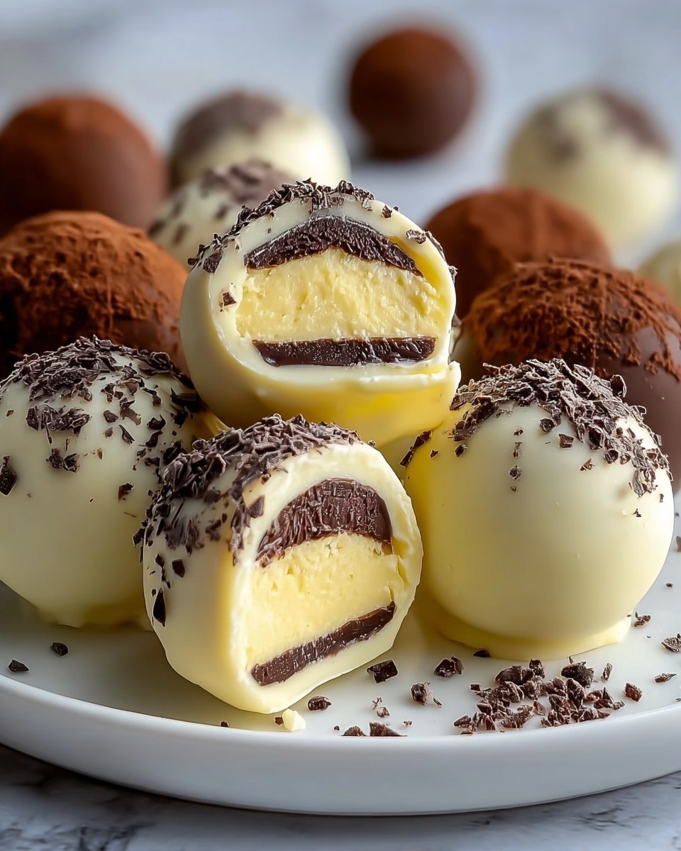 The image shows a close-up of round truffles arranged on a white plate with a white marbled background. The truffles have two layers: the bottom layer is smooth, shiny white chocolate, and the top is covered with dark chocolate shavings giving a textured look. One truffle is cut open at the front, revealing a dense, creamy inside with a pale yellow color and a thick dark chocolate shell around it. Small pieces of dark chocolate are scattered near the cut truffle, adding fine detail. The soft light highlights the glossy surface of the chocolates and the delicate texture of the cream inside. Photo taken with an iphone --ar 4:5 --v 7