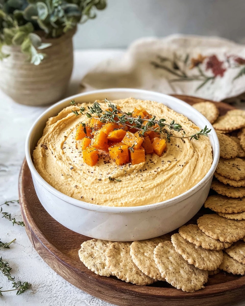 A bowl filled with a thick, creamy light orange spread that has a slightly rough texture, topped in the center with small cubes of roasted orange pumpkin and a few tiny sprigs of green herbs. The white bowl is placed on a wooden board surrounded by several round crackers with visible seeds and grains. The scene rests on a white marbled surface. photo taken with an iphone --ar 4:5 --v 7