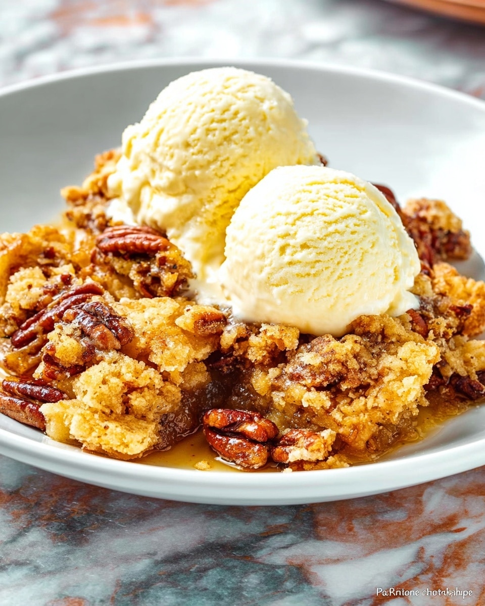 A white plate holds a serving of warm pecan cobbler with chunky, golden crumbly crust pieces on the bottom and throughout, full of glossy, deep brown pecans embedded in sticky, caramel-like filling. On top sit two round scoops of creamy white vanilla ice cream beginning to melt slightly, with soft, smooth texture contrasting the crumbly base. The plate is set on a white marbled surface that softly reflects light, enhancing the warm colors of the dessert. photo taken with an iphone --ar 4:5 --v 7
