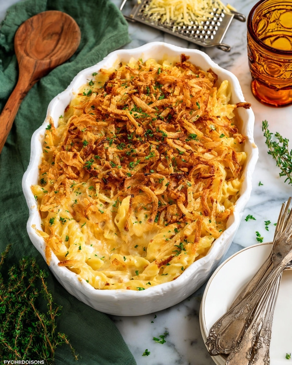 A close-up view of a baked macaroni and cheese dish in a white bowl, showing a layered look with creamy, melted golden cheese covering pale yellow pasta tubes mixed with browned bits, topped with a layer of crispy, golden fried onions that add texture and a sprinkling of fresh, finely chopped green parsley over the whole dish. The bowl sits on a white marbled surface. photo taken with an iphone --ar 4:5 --v 7