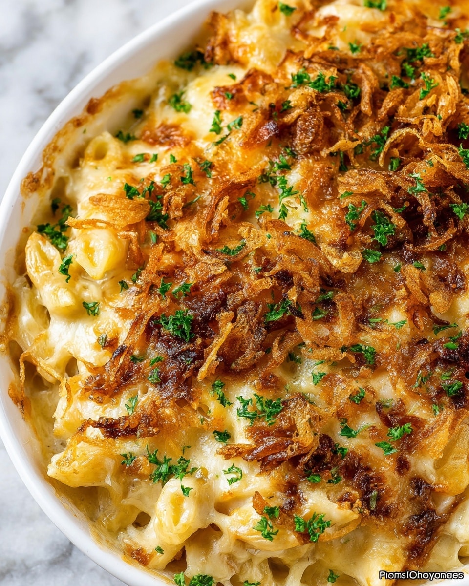 The dish is a cheesy baked pasta served in a white scalloped oval dish. The bottom layer is creamy yellow pasta noodles covered with melted cheese, showing a bubbly, golden texture in some areas. The top half of the dish is layered with crispy, golden-brown fried onion strings, creating a crunchy contrast to the smooth pasta. The dish is sprinkled with small green parsley pieces for color. The photo is set on a white marbled surface with a wooden spoon on a green cloth on the left side and a cheese grater with shredded cheese above the dish. There is a stack of white plates with silver forks and some green parsley to the right, along with an amber-colored glass dish and fresh thyme sprigs. Photo taken with an iphone --ar 4:5 --v 7