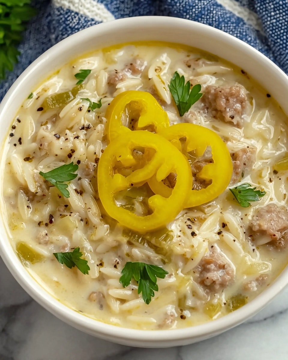 A close-up of a white bowl filled with creamy soup that has visible layers of small, soft orzo pasta mixed with pieces of light brown sausage and bits of green celery. On top, there are three bright yellow sliced banana peppers arranged in the center, with small fresh green parsley leaves scattered around them, adding a contrast of color. The soup’s texture looks thick and smooth with specks of black pepper and herbs throughout. The bowl is placed on a white marbled surface with a blue and white cloth partially visible in the background. Photo taken with an iphone --ar 4:5 --v 7