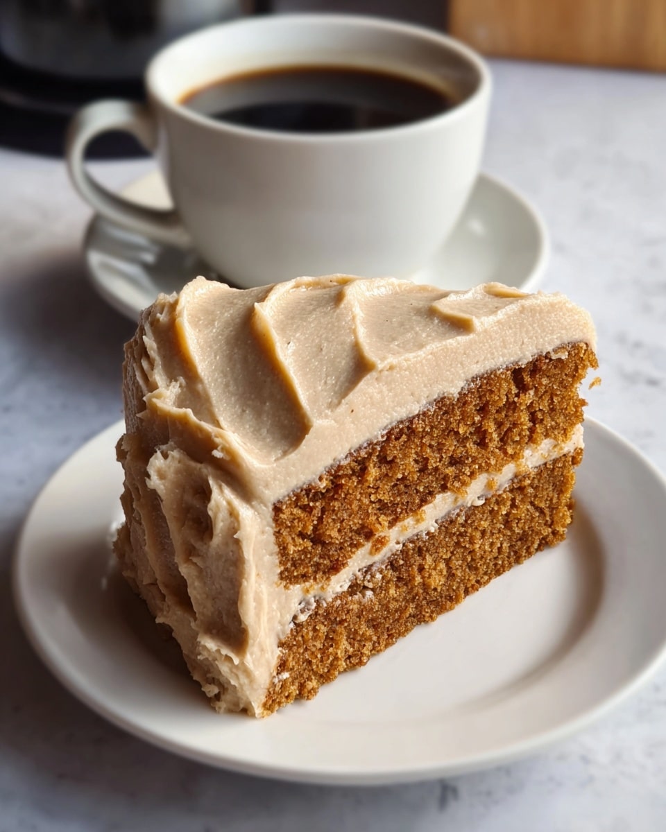 A slice of two-layer brown cake with a thick layer of light beige frosting on top and a thinner layer of the same frosting filling the middle, placed on a white plate. The frosting has a smooth and slightly swirled texture, while the cake looks moist and crumbly. Behind the cake, there is a white cup filled with dark black coffee, all set on a white marbled texture surface. photo taken with an iphone --ar 4:5 --v 7