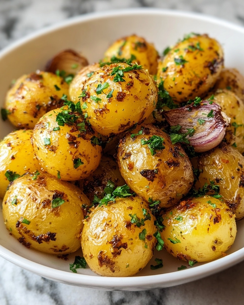 A white bowl filled with golden roasted baby potatoes, each potato showing uneven brown crusts from roasting with herbs and spices. The potatoes are scattered with chopped green parsley, adding spots of fresh color throughout. A few pieces of roasted garlic are nestled among the potatoes, their edges browned and soft. The texture looks shiny and crisp on the outside, indicating they are well cooked and seasoned, resting on a white marbled surface. photo taken with an iphone --ar 4:5 --v 7