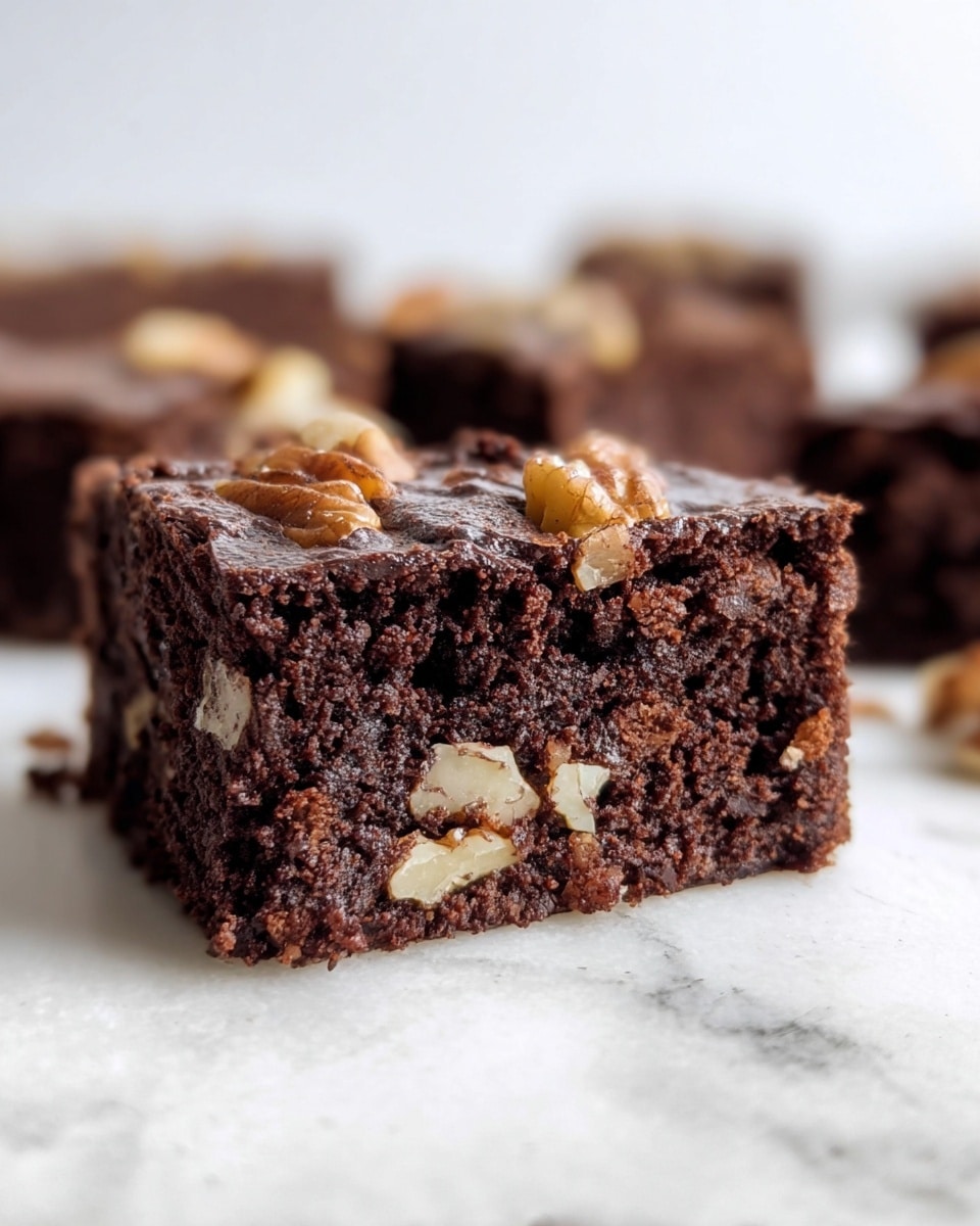 A close-up image of a single thick slice of chocolate brownie with a moist, dense, and slightly crumbly texture. The brownie is dark brown with visible pieces of walnuts embedded inside and on top, adding a contrasting light brown color. The top surface looks slightly cracked and shiny, with clusters of nuts spread unevenly. The slice sits on a white marbled surface, with more brownies blurred in the background. Photo taken with an iphone --ar 4:5 --v 7