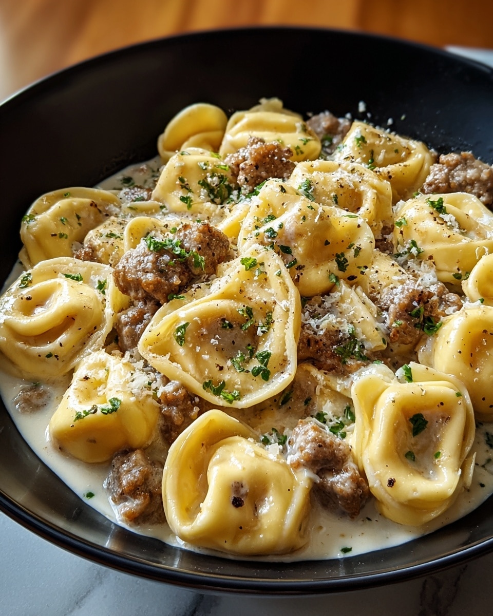 A close-up view of a black bowl filled with three layers: the bottom layer is a creamy, light brown sauce with a smooth texture, followed by a thick layer of cooked, crumbly ground beef in medium brown. The top layer has plump, folded tortellini pasta in pale yellow, coated with the sauce and sprinkled with chopped green herbs and black pepper. The dish sits on a white marbled texture. photo taken with an iphone --ar 4:5 --v 7