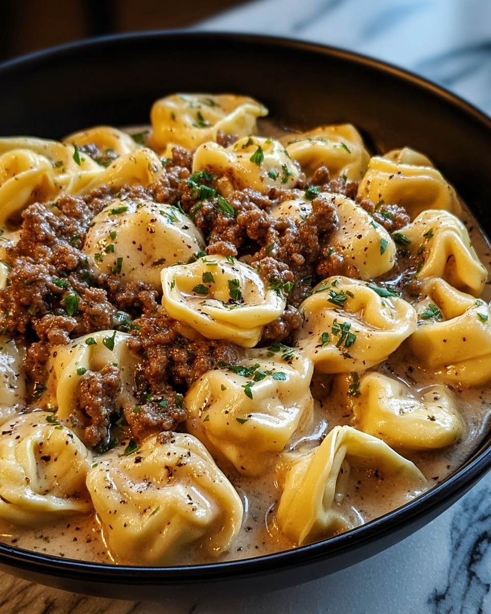 A close-up of a black bowl filled with creamy tortellini pasta layered with chunky pieces of browned sausage. The tortellini are a light yellow color, folded into rings with a smooth, soft texture. The creamy sauce is white and coats the pasta thickly, pooling slightly at the bottom of the bowl. Small green parsley flakes and a light dusting of grated cheese and black pepper are sprinkled evenly on top. The black bowl sits on a white marbled surface, and soft natural light brightens the scene. photo taken with an iphone --ar 4:5 --v 7