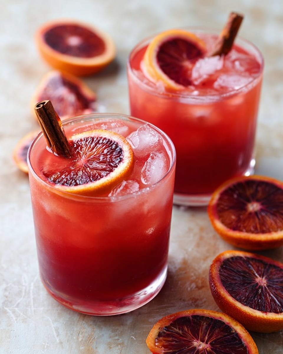 Two clear glasses filled with a red drink and ice cubes are placed on a white marbled texture. Each glass has a brown cinnamon stick inside and a slice of blood orange garnishing the rim. Around the glasses on the surface, there are more slices of blood orange showing deep red and orange colors. The drink looks refreshing and vibrant with a mix of red and icy textures. photo taken with an iphone --ar 4:5 --v 7