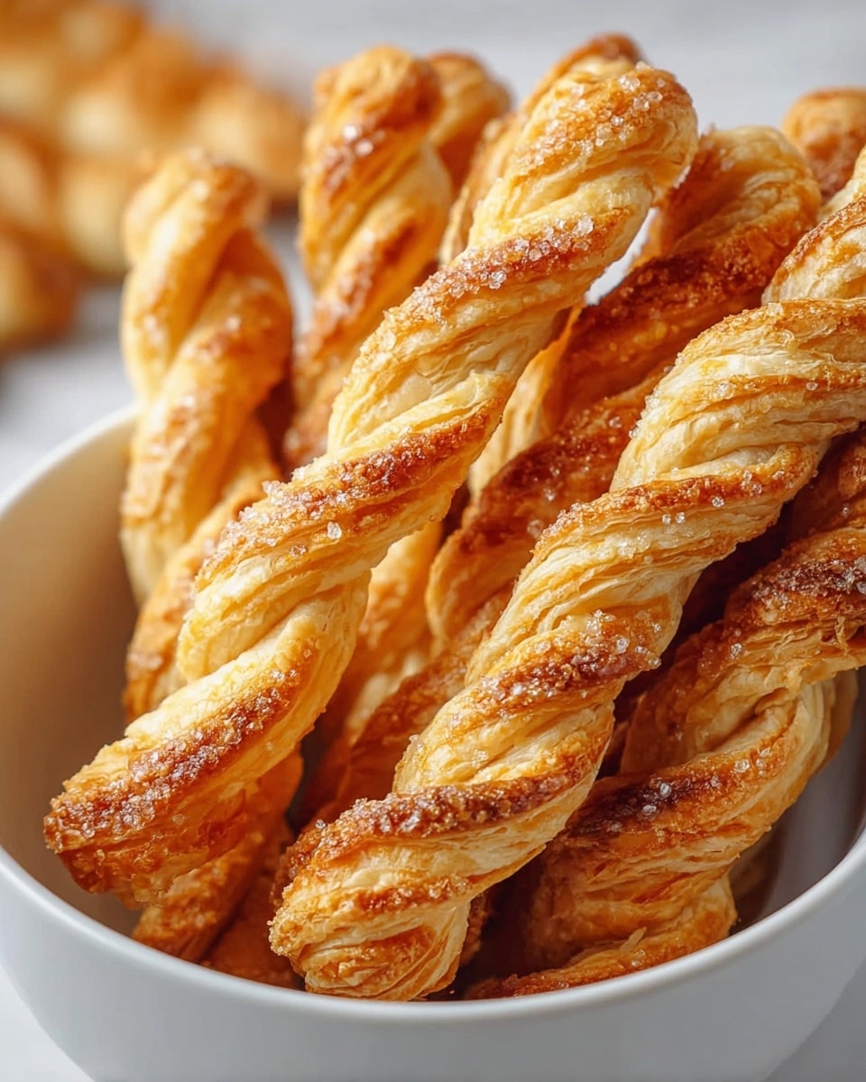 The image shows a white bowl filled with multiple twisted puff pastry sticks. Each stick has a golden-brown color with crispy, flaky layers clearly visible along the twists. The surface of the pastries has a slightly shiny texture with a sprinkling of sugar crystals, adding a light sparkle. The bowl rests on a white marbled surface, giving a clean and bright look to the scene. The pastries are stacked randomly but neatly inside the bowl, showing different angles of the twisted layers photo taken with an iphone --ar 4:5 --v 7